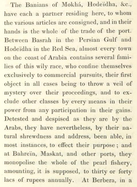 Excerpt from Wellsted, accusing the ‘Banians’ of trying ‘to throw a veil of mystery over their proceedings, and to exclude other classes […] from any participation in their gains.’ Travels in Arabia, Vol. II (London: 1838), p. 368. Public Domain
