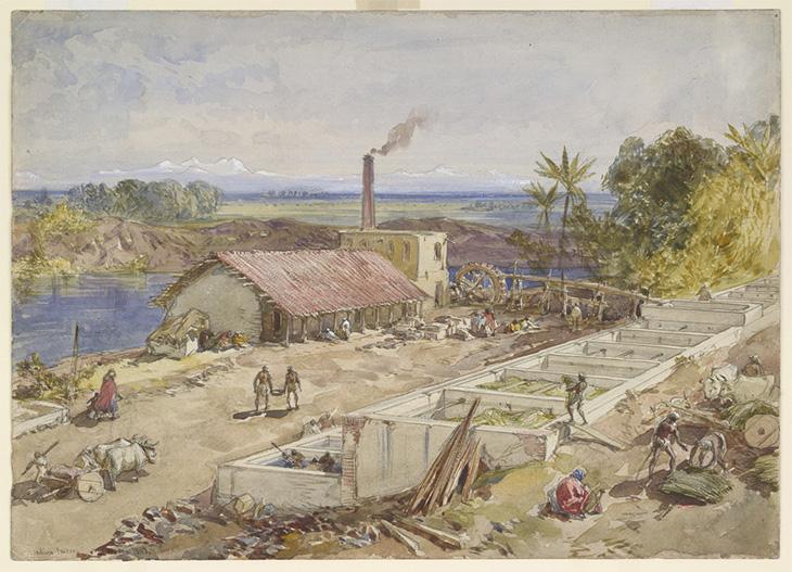 An indigo factory in Bengal. Inscribed on front in ink with title and artist&#039;s signature. Watercolour. Originally published/produced in 1863. BL Images: WD 1017