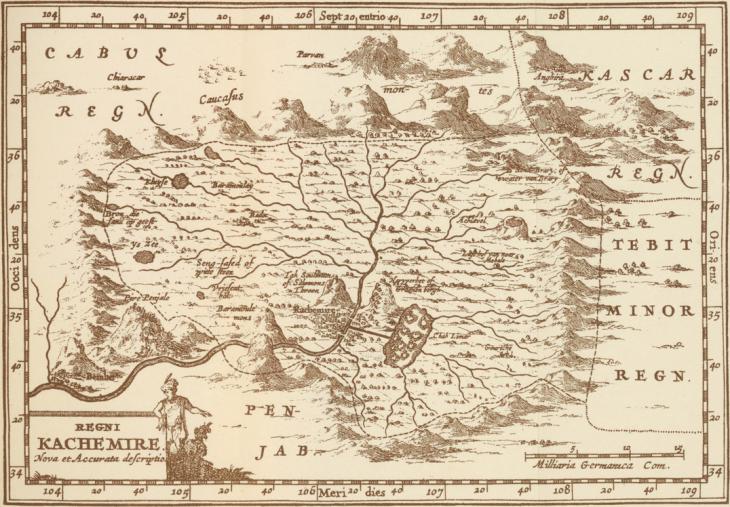 Engraving of the Kingdom of Kashmir, from Bernier’s Travels in the Mogul Empire, A.D. 1656-1668 (Oxford: Humphrey Milford/Oxford University Press, 1916), p. 408a. Public Domain