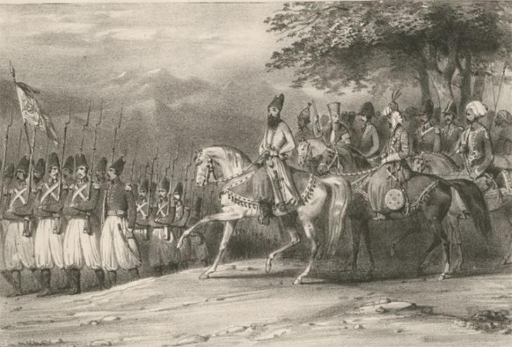 Drawing of ‘Abbas Mirza reviewing his troops, by Hippolyte Belangé, 1835. Public Domain
