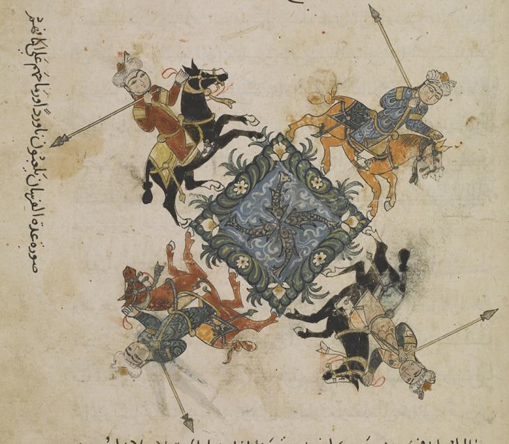 ‘Illustration of a number of horsemen taking part in a contest, their lances on their shoulders’, in a treatise on horsemanship attributed to al-Aqṣarā’ī. Add MS 18866, f. 99r