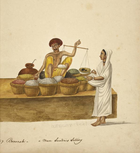 Watercolour of a shop-keeper selling grain to a customer, with inscription reading ‘Benneah’ (i.e. Bania). © British Library Board, Add Or 79