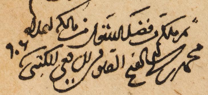 Detail showing owner’s inscription, dated 906/1500-1, signed ‘Muḥammad ibn Abī al-Fatḥ al-Ṣūfī al-Shāfiʿī al-Kutubī’. Add MS 7469, f. 203v