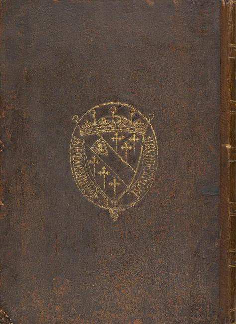 The binding of one of Arundel’s manuscripts bearing a coat of arms and inscription &#039;Bibliotheca Arundeliana&#039;. Arundel Or 52