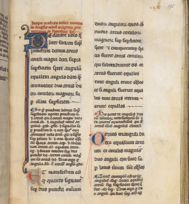 The first page of a thirteenth-century copy of Gerard of Cremona’s Latin translation of the Arabic text of Menelaus’ Spherics (De figuris sphericis). Harley MS 13, f. 195r