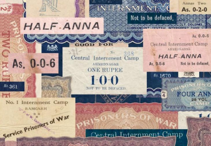 Collage of selected coupons used at internment camps in India, 1899-1971. Created by Matt Lee, 2021, British Library. Images courtesy of Rezwan Razack and his Museum of Indian Paper Money