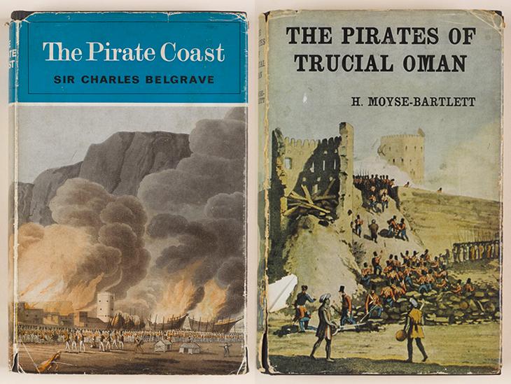 The front of two dust jackets from popular history books about “piracy” in the Gulf