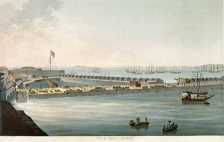 نقش لمنظر لميناء بومباي، ١٨٠٤. × ٤٣٦ (اللوحة ٢) مهداة من المكتبة البريطانية