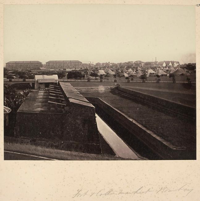 Photograph of a cotton market, Bombay, 1860s. From an album of ‘Photographs of India &amp; Overland Route (Photo 394/128)