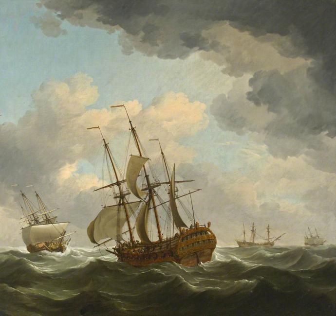 لوحة زيتية تصور &quot;سفن إيست إنديامان في مهب الريح&quot;، بريشة تشارلز بروكينج. المتحف البحري الوطني، جرينتش، لندن. ملكية عامة