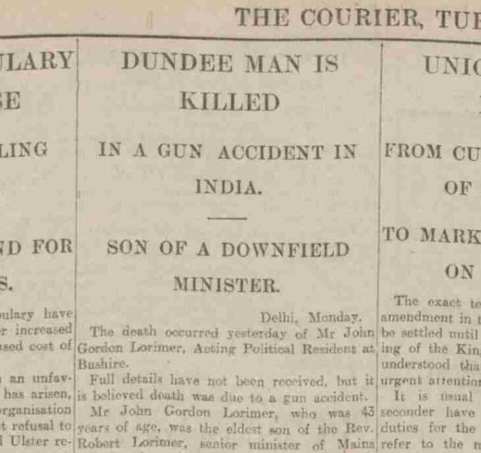 مقال عن وفاة لوريمير في ذى دندي كوريير، ١٠ فبراير ١٩١٤. بإذن من أرشيف الصحافة البريطانية.