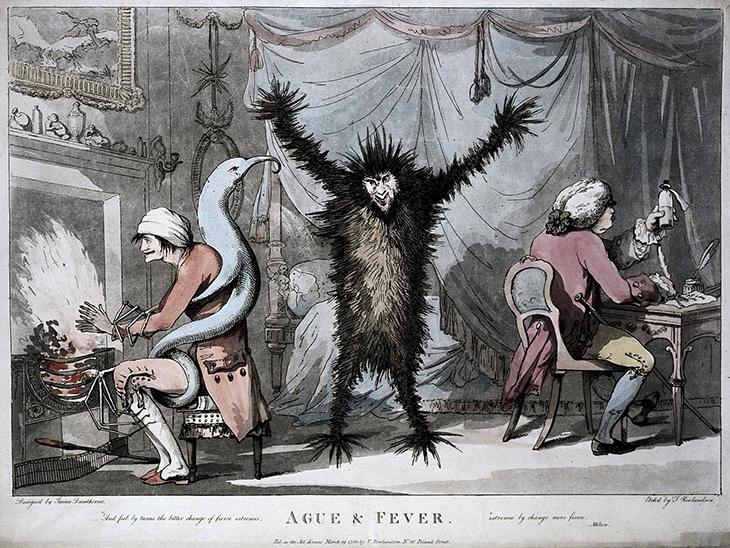 Coloured etching by T. Rowlandson after J. Dunthorne, depicting ague and fever, 29 March 1788. Wellcome Collection, London, 18068i. Public Domain
