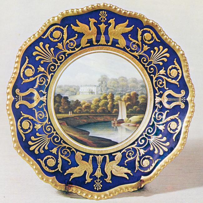 A plate similar to those presented to the Imam of Muscat in 1837, depicting a view of Hallow Park in Worcester. Image digitised by BLQFP from Sandon’s Flight and Barr Worcester Porcelain, p. 137