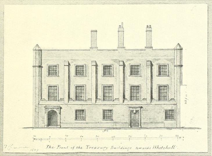 Drawing of the Treasury building in Whitehall which housed the offices of the Board of Control between 1809 and 1817. Sketch by T. Chawner, reproduced in Survey of London, 1931. Public Domain