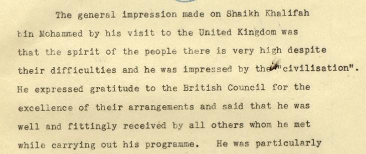 Pelly’s summary of Shaikh Khalīfa’s visit and his impressions of the UK, 9 November 1948. IOR/R/15/2/845, f. 25r