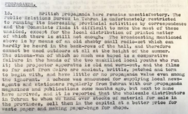The British Consul at Kermanshah’s assessment of British propaganda in July 1942. IOR/L/PS/12/3522, f. 40r
