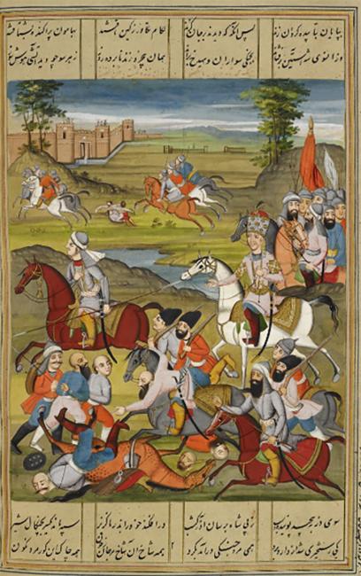 Illustration showing the defeat of Prince Najaf’s brother, Lotf-Ali Khan, the last Zand ruler, 1810. I.O. Islamic 3442, f. 218v. Public domain