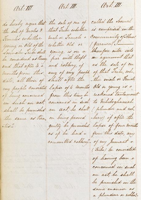 Excerpt showing three separate English translations of a treaty from 1839, demonstrating uncertainty over whether the language of the Arabic original equated with the English term ‘piracy’. IOR/F/4/2014/89998, f. 206v