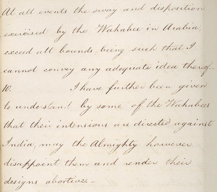 Extract from a translated memoir by Mohammed Ibrahim Purkar, calling on ‘the Almighty [to] disappoint them [the Wahhabis] and render their designs abortive’, 28 September 1808. IOR/F/4/288/6503, f. 136v