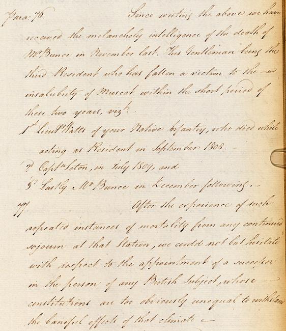 Excerpt of a letter from the Bombay Government, expressing reluctance to appoint a new British Resident ‘where constitutions are too obviously unequal to withstand the baneful effects of that climate’, 31 January 1810. IOR/F/4/343/7960, f. 98r