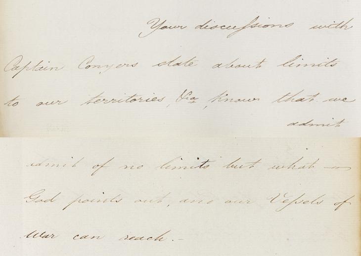 Excerpt of Loch’s reply to Shaikh Hasan, rejecting the proposed truce. IOR/F/4/649/17852 ff. 319v-320r