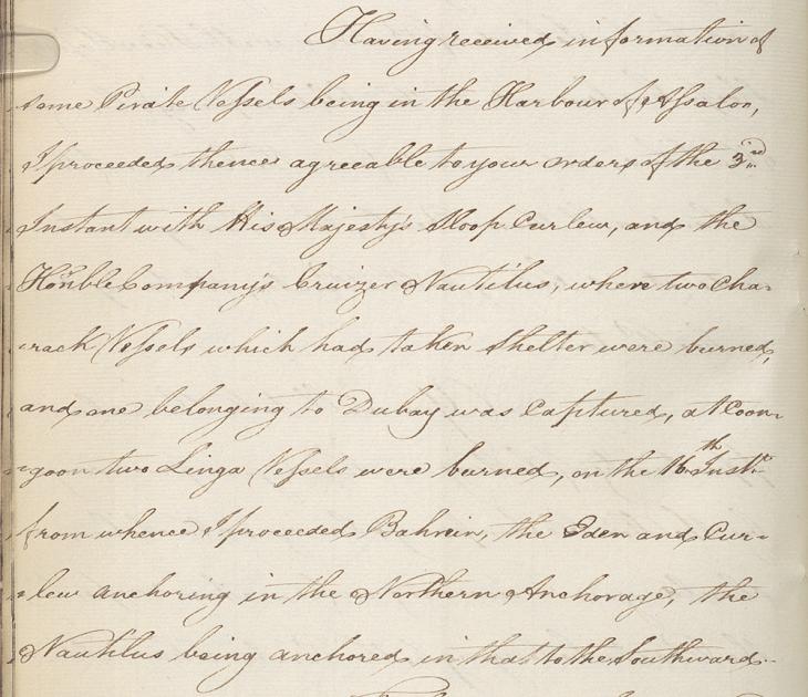 Loch&#039;s report of his attacks on ‘pirate vessels’ at Assaloo [Asaluyeh] and Coongoon [Kangan], in a letter to J. A. Collier, 26 January 1820. IOR/F/4/651/17855, f. 121v
