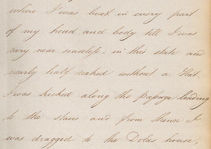Excerpt from Dominicetti’s account of his ordeal, including being dragged ‘nearly half naked without a Hat’ to the Governor’s house. IOR/F/4/690/18908, f. 46r