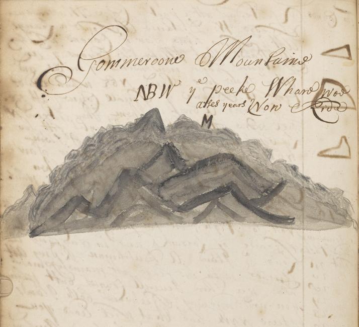 Sketch of ‘Gommeroone Mountaine’, Bandar Abbas, in the journal of the Martha, dated 1700-1702. IOR/L/MAR/A/CXLVI, f. 112v
