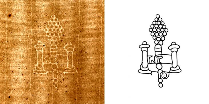 The pillar and grapes watermark is characteristic of Normandy, and often features the name or initials of the papermaker within the ‘cross piece’. Watermark traced by Matt Lee for the British Library, 2021. IOR/L/MAR/A/LIX, f. 65r