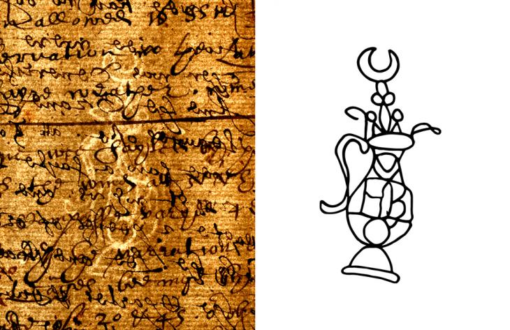 Pot watermarks, characteristic of Norman paper mills and most common in use, appear in varying forms, and can include identifying letters of papermakers, as seen here (HB). Watermark traced by Matt Lee for the British Library, 2021. IOR/L/MAR/A/LVII f. 5r