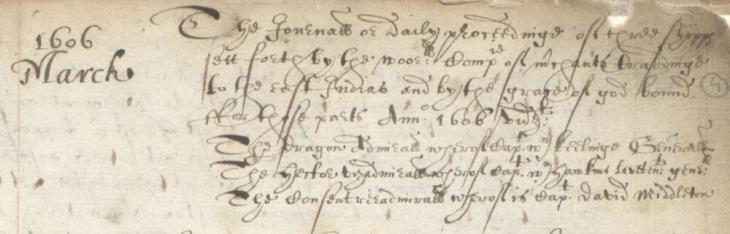 Journal entry listing the three ships and their captains at the outset of the Third Voyage, March 1606 [1607]. IOR/L/MAR/A/V, f. 4r