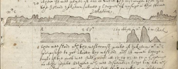 Drawing of Socotra in John Hearne and William Finch’s Journal, 20 April 1608. IOR/L/MAR/A/V, f. 25r
