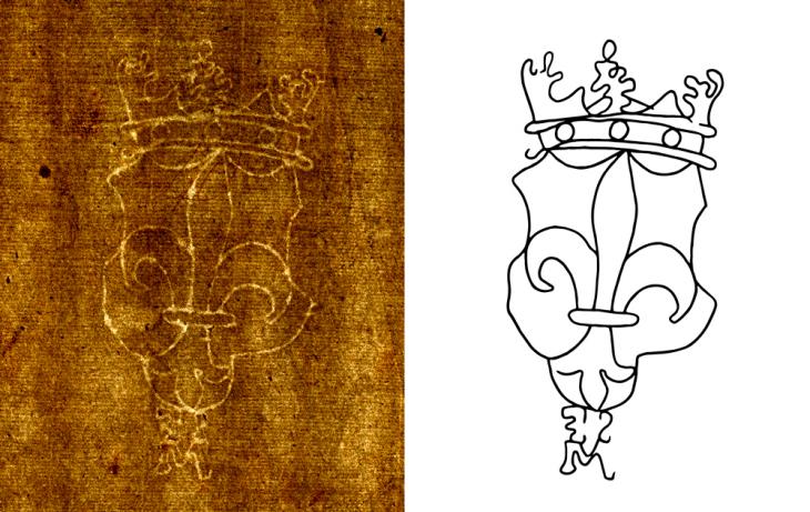 Shield watermark, featuring the fleur-de-lys motif that appears in watermarks of various countries. This shield &amp; crown form has been linked to the French Angoumois region. Watermark traced by Matt Lee for the British Library, 2021. IOR/L/MAR/A/XL, f. 38r