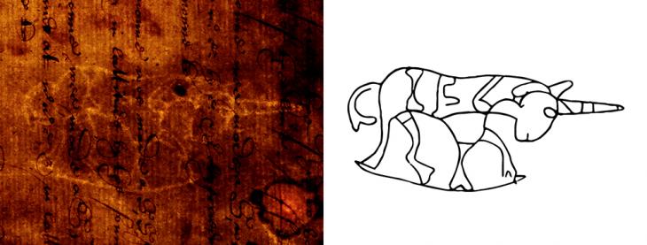 Unicorn watermark indicating the use of imported French papers in England (commonly used due to high production costs of papermaking) during the seventeenth century. Watermark traced by Matt Lee for the British Library, 2021. IOR/L/MAR/A/XXX f. 37r