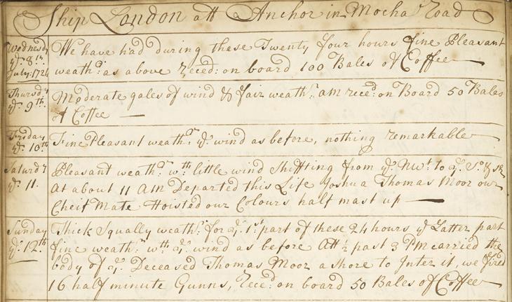 Entries for 8-12 July 1724 in the journal of the London, when the ship was at anchor in Mocha Road. IOR/L/MAR/B/313B, f. 45v