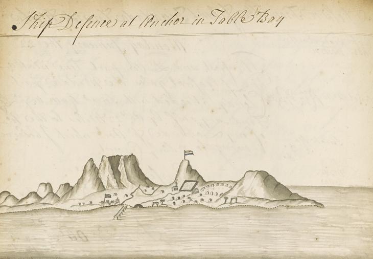 رسم تخطيطي لـ &quot;السفينة ديفينس في المرسى في خليج تيبل&quot;، من يوميات السفينة &quot;ديفينس&quot;، بتاريخ ١٧٣٨-١٧٤٠، IOR/L/MAR/B/647B، ص. ١٩ظ