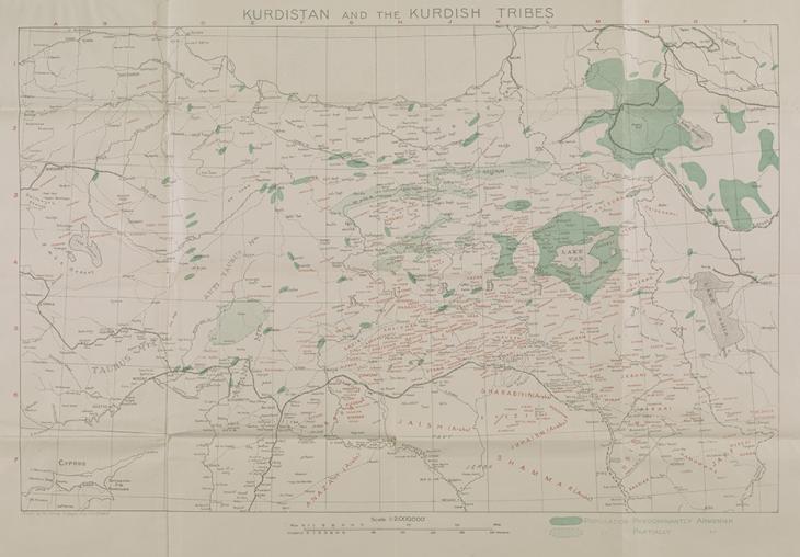 خريطة بريطانية لكردستان، تشير إلى المناطق التي تضم أعدادًا كبيرةً من السكان الأرمن، أغسطس ١٩١٩. IOR/L/MIL/17/15/22، ص. ٦١و