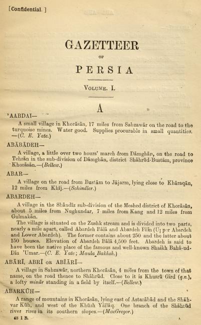 First page of the Gazetteer of Persia, Volume I, 1910. IOR/L/MIL/17/15/2/1, f. 5r