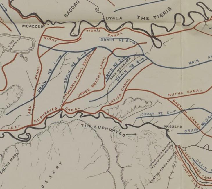 Detail from a sketch map of the Tigris and Euphrates delta produced to illustrate ‘Report on the Development of Mesopotamia’. IOR/L/MIL/17/15/53, p. 33