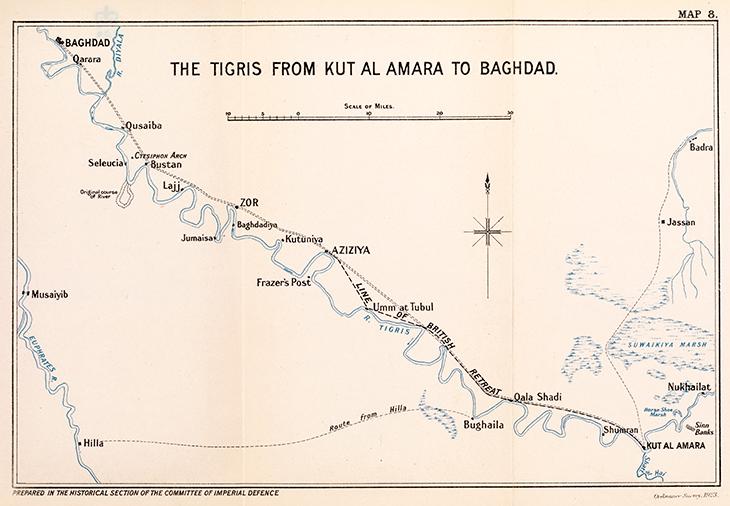 Map of the Tigris from Al-Kut to Baghdad, showing the line of the British retreat in November 1915. IOR/L/MIL/17/15/66/2, f. 315r
