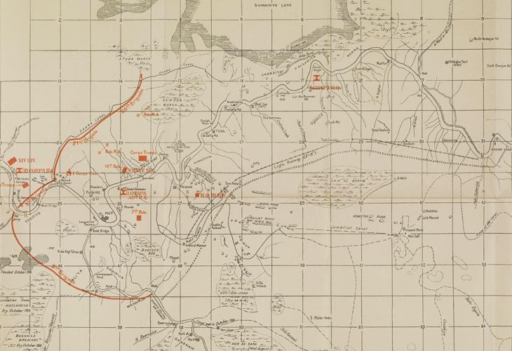 Detail from map of Shaikh Saad and Kut-Al-Amara [Al-Kūt] compiled from ground and air reconnaissance, produced to illustrate the movements of the British and the Turkish military forces on the night 25–26 February, 1917. IOR/L/MIL/17/15/72/2, f 1, f. 1r