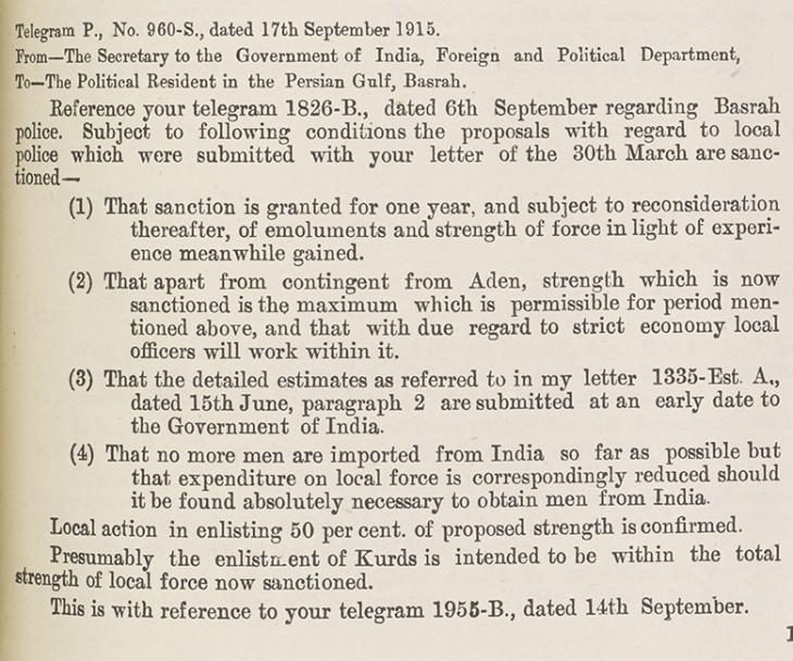 Excerpt of a telegram to the Political  Resident, discussing regulations for recruiting Kurdish police officers in occupied Basra, 17 September 1915. IOR/L/MIL/17/5/3237, f. 91r