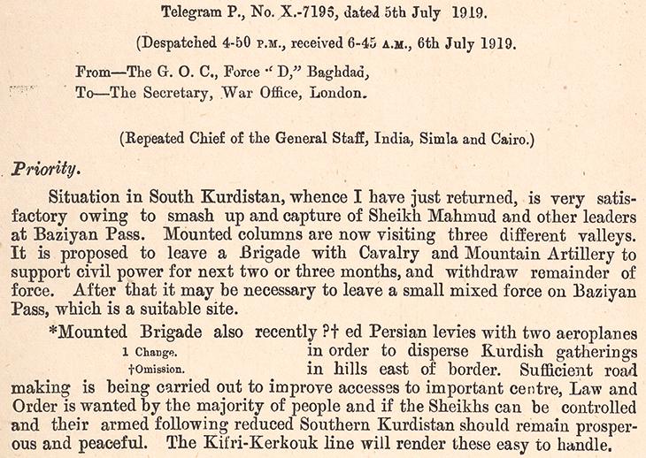 Excerpt of General Marshall’s telegram describing the aftermath of Barzanji’s rebellion, and the importance of a reliable railway route. IOR/L/MIL/17/5/3324, f. 24r