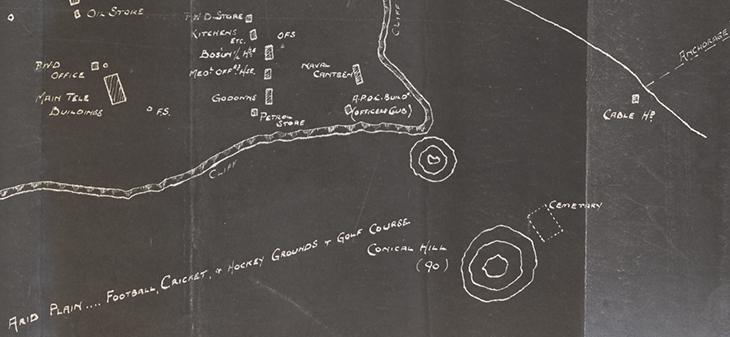 Plan of the naval base at Henjam, showing the cemetery. IOR/L/PS/10/1095, f. 472r