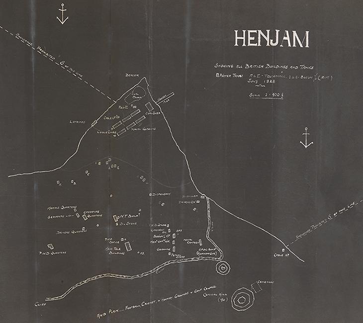 مخطط للمنشآت البريطانية في هنجام، ١٩٢٨. IOR/L/PS/10/1095, f 473 