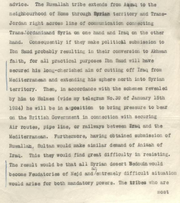 Extract from a telegram from Henry Dobbs, High Commissioner for Iraq, describing the perceived threat to British imperial interests of Ibn Saud’s northward expansion, 17 January 1925. IOR/L/PS/10/1125/2, f. 127r