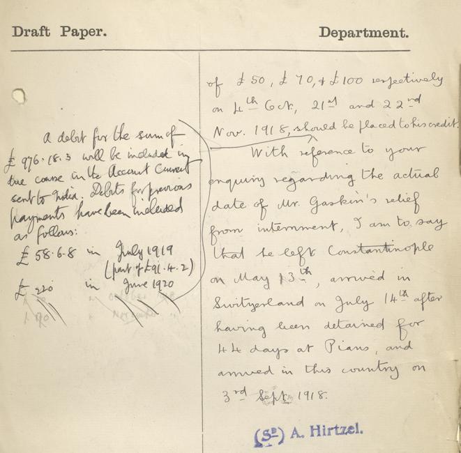 Excerpt of a report, dated 19 August 1920, by Arthur Hirtzel, Assistant Under-Secretary of State at the India Office, mentioning Gaskin’s release from Constantinople and return to England. IOR/L/PS/10/117, f. 52r