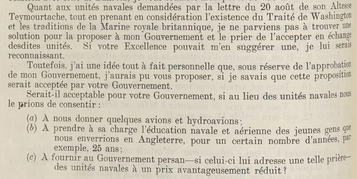 Excerpt of a letter in French from the Prime Minister of Iran, Muhammad Ali Forughi, conveying Iran’s willingness to abandon its claim to Bahrain, in exchange for British aircraft, naval training, and warships, 9 August 1930. IOR/L/PS/10/1253, f. 45v