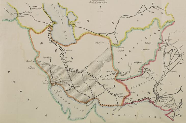 خريطة فهرسية تبين المسارات المقترحة لخطوط السكك الحديدية في بلاد فارس لربط شبكة السكة الحديد في أوروبا بشبكة الهند، ١٩١١. IOR/L/PS/10/307، ص. ١٦٠و