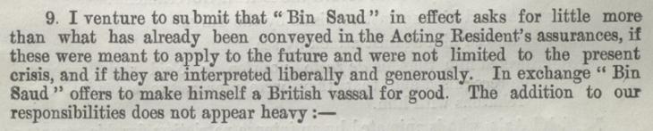 Extract of a letter by Captain William Henry Irvine Shakespear to the Political Resident in the Persian Gulf, 4 January 1915. IOR/L/PS/10/387/1, f. 65v